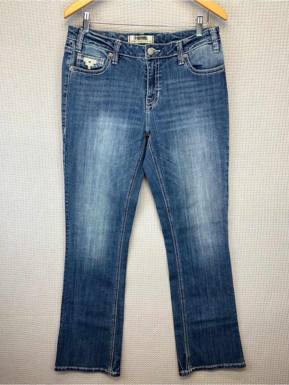 Rock & Roll Cowgirl Riding Jeans Women 30/34 Mid Rise Bootcut Stitching Western - Picture 2 of 9